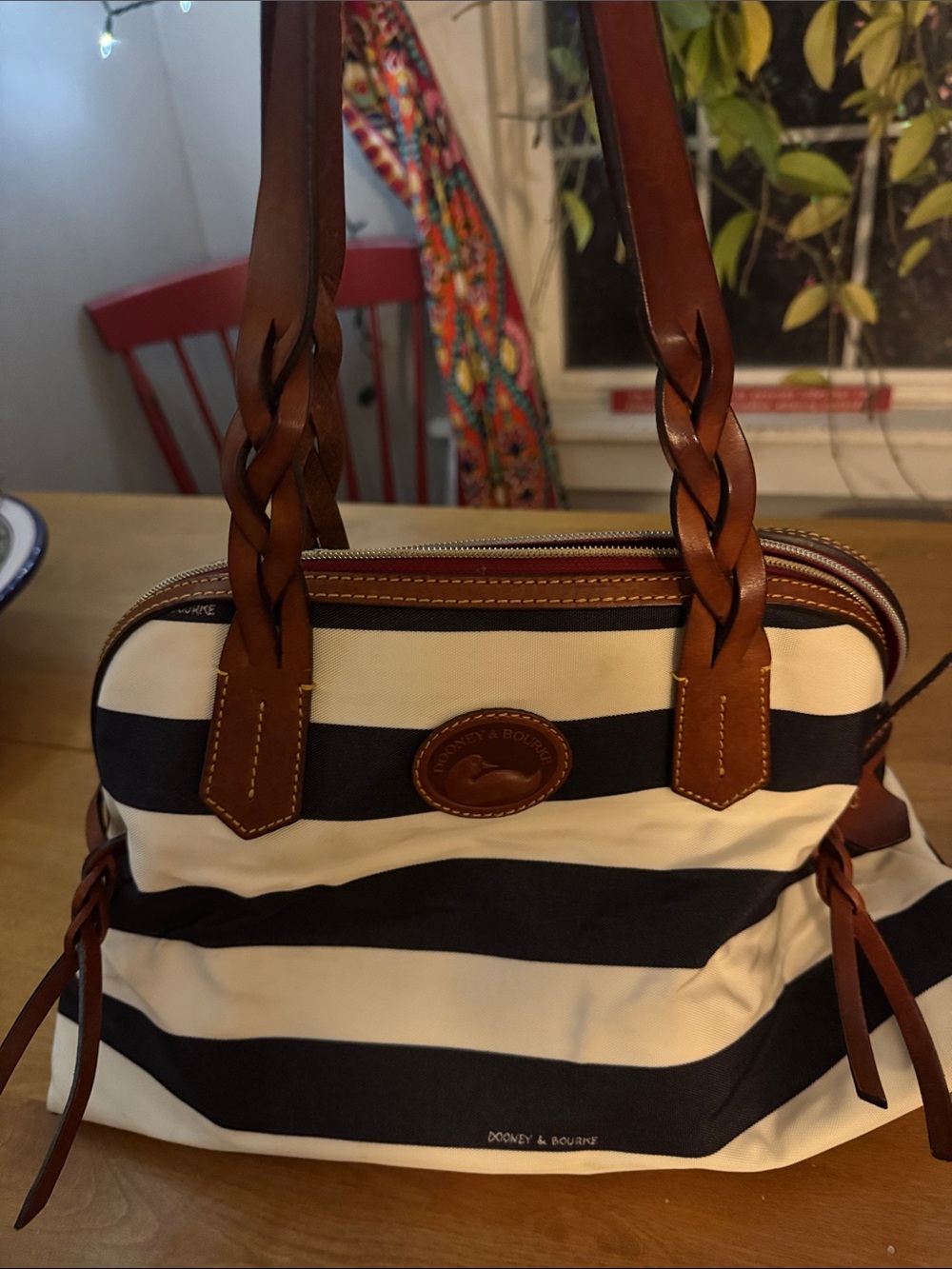 VINTAGE Dooney & Bourke Navy and White Striped Shoulder Bag with Brown Leather